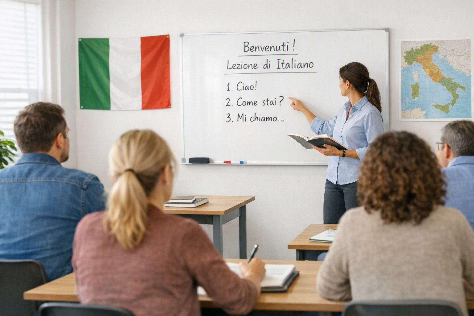 Studenti adulti in aula durante una lezione di italiano, ripresi senza mostrare il volto